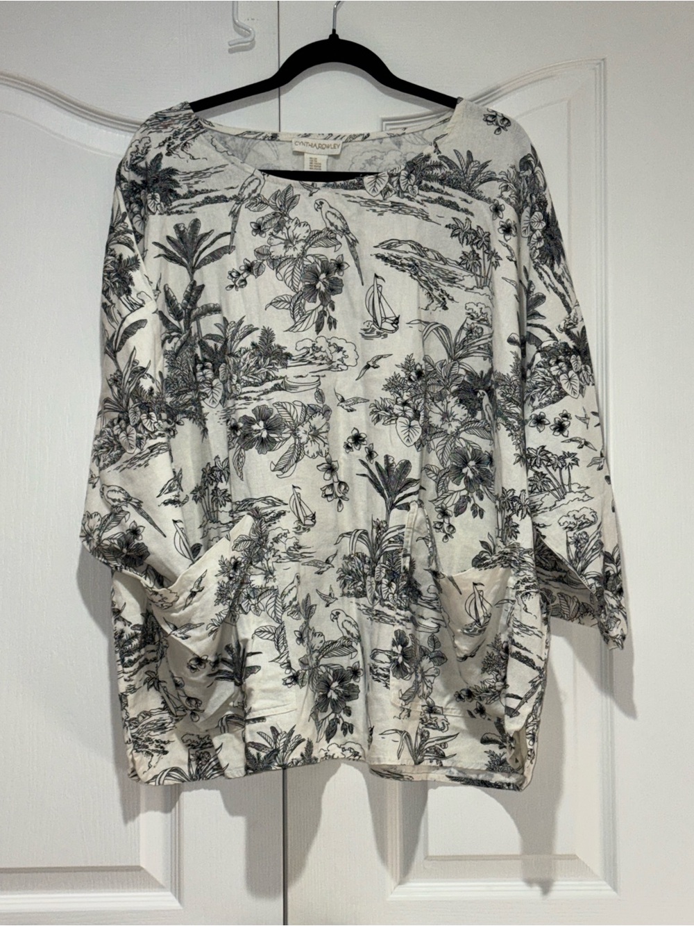 Cynthia Rowley Linen Blend Toile Print Pocket Blouse Viscose Linen Blend  2X
